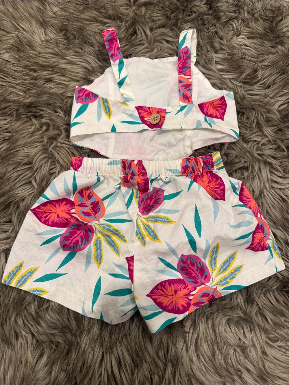 Girls White Floral Cutout Romper with Pink & Teal Leaves - Picture 2 of 4